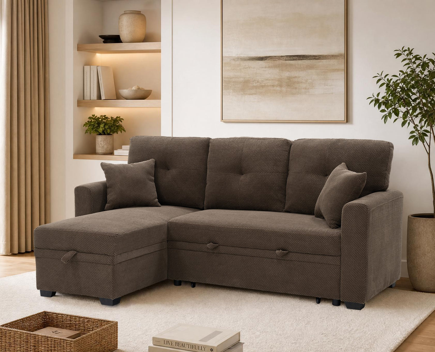 Reversible Chaise Sleeper Sofa Bed with Storage - Coffee