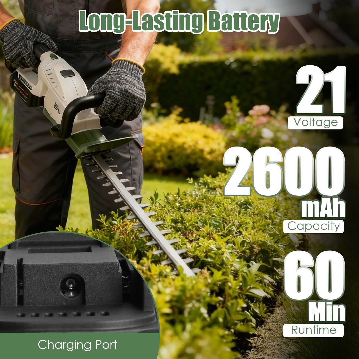 Cordless Hedge Trimmer 21V with Dual Action Blades & Adjustable Handle