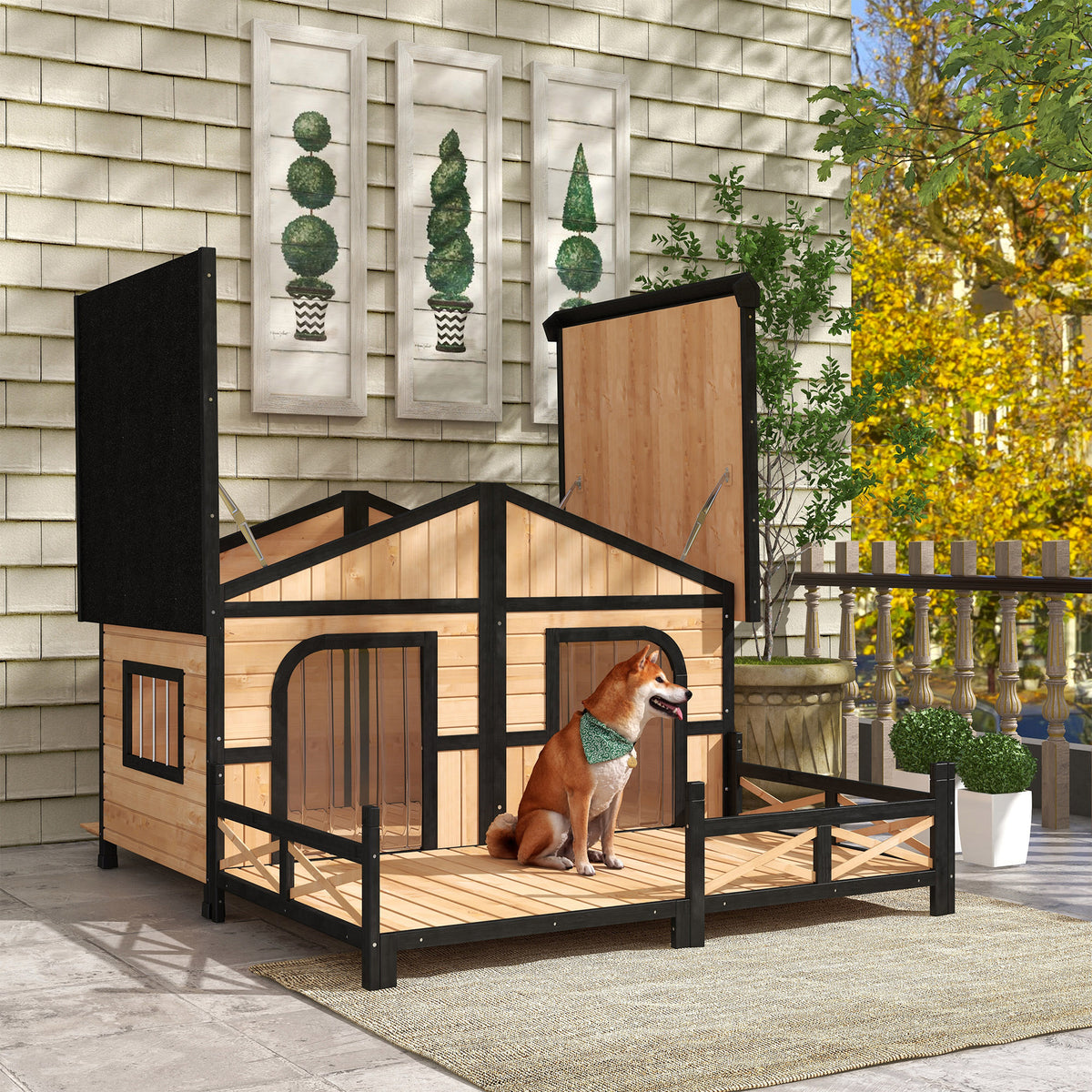 Large Wooden Dog House - Raised Weatherproof Rustic Log Cabin Style Pet Shelter