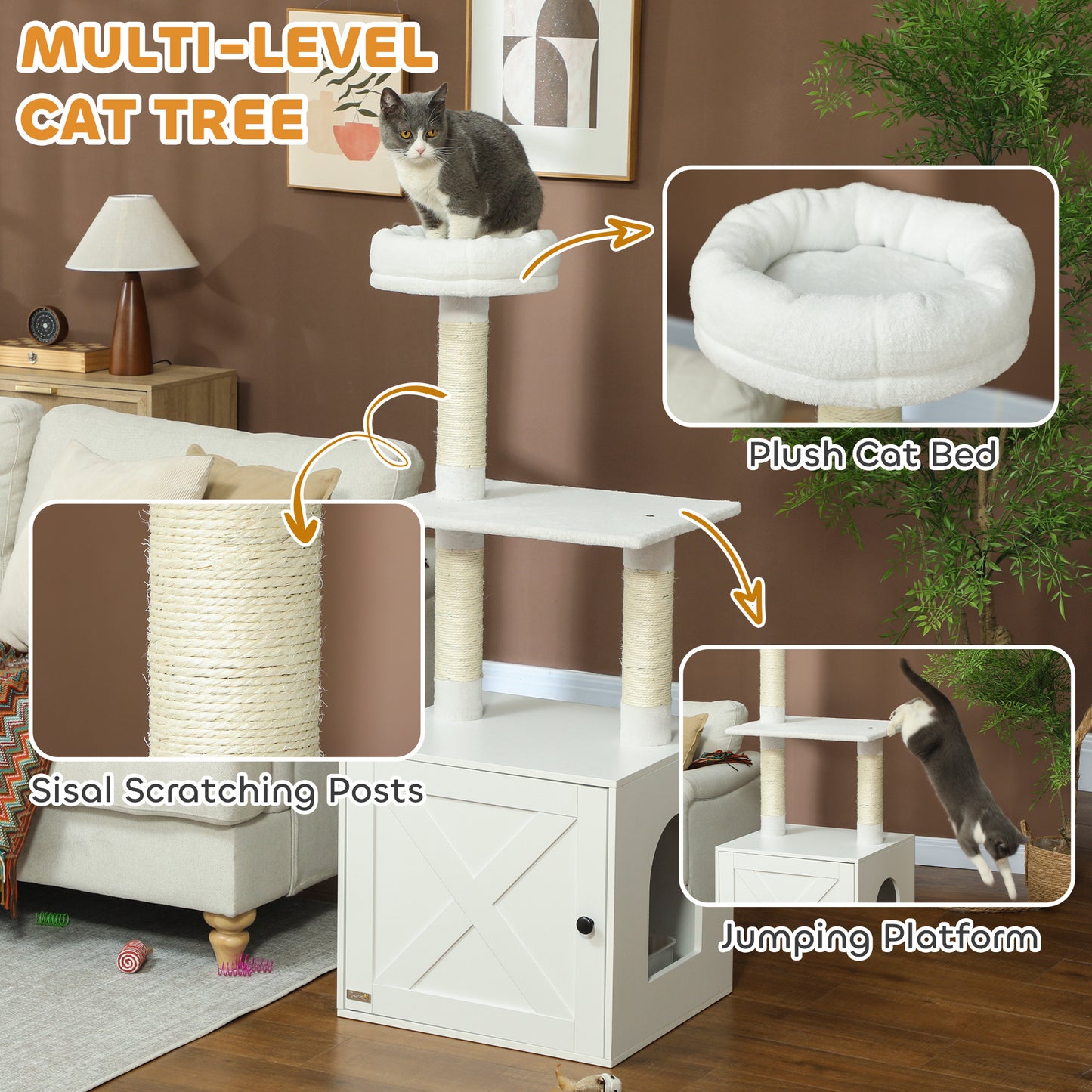 Multi-Functional Cat Tree with Litter Box Enclosure, Climbing Posts & Bed - White