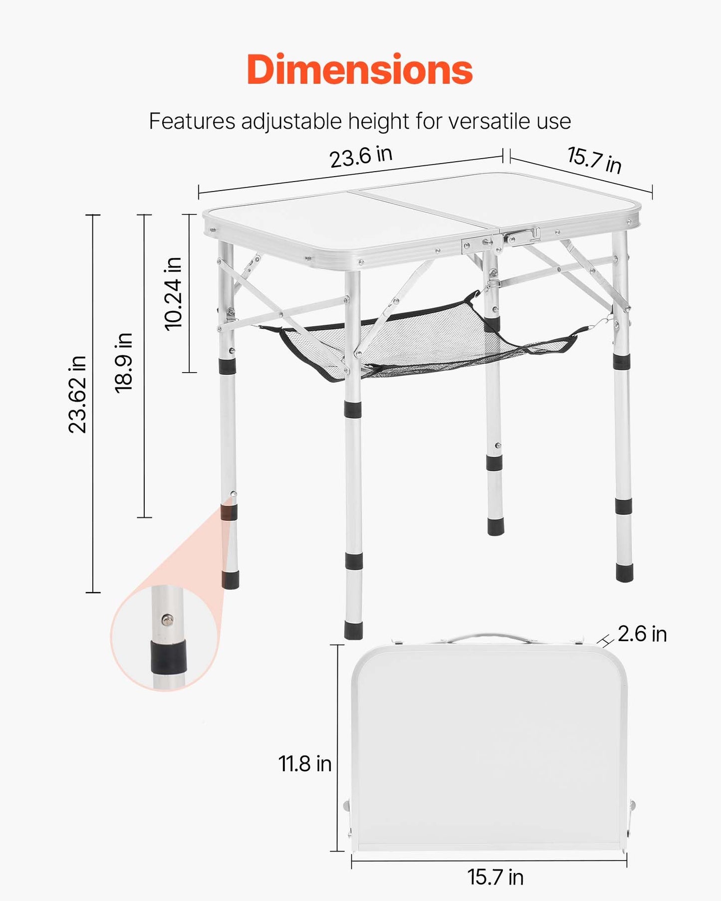 2ft Folding Portable Camping Table - Adjustable Height, Aluminum
