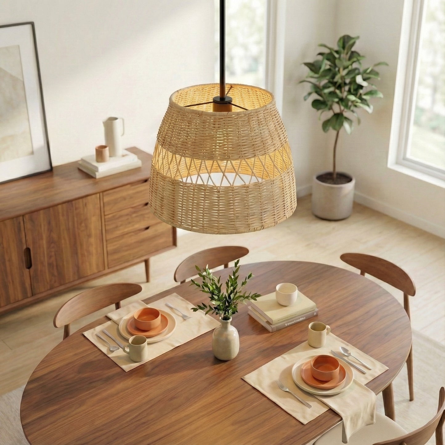 Single Lights Pendant With Rattan Shade Black Metal Finish For