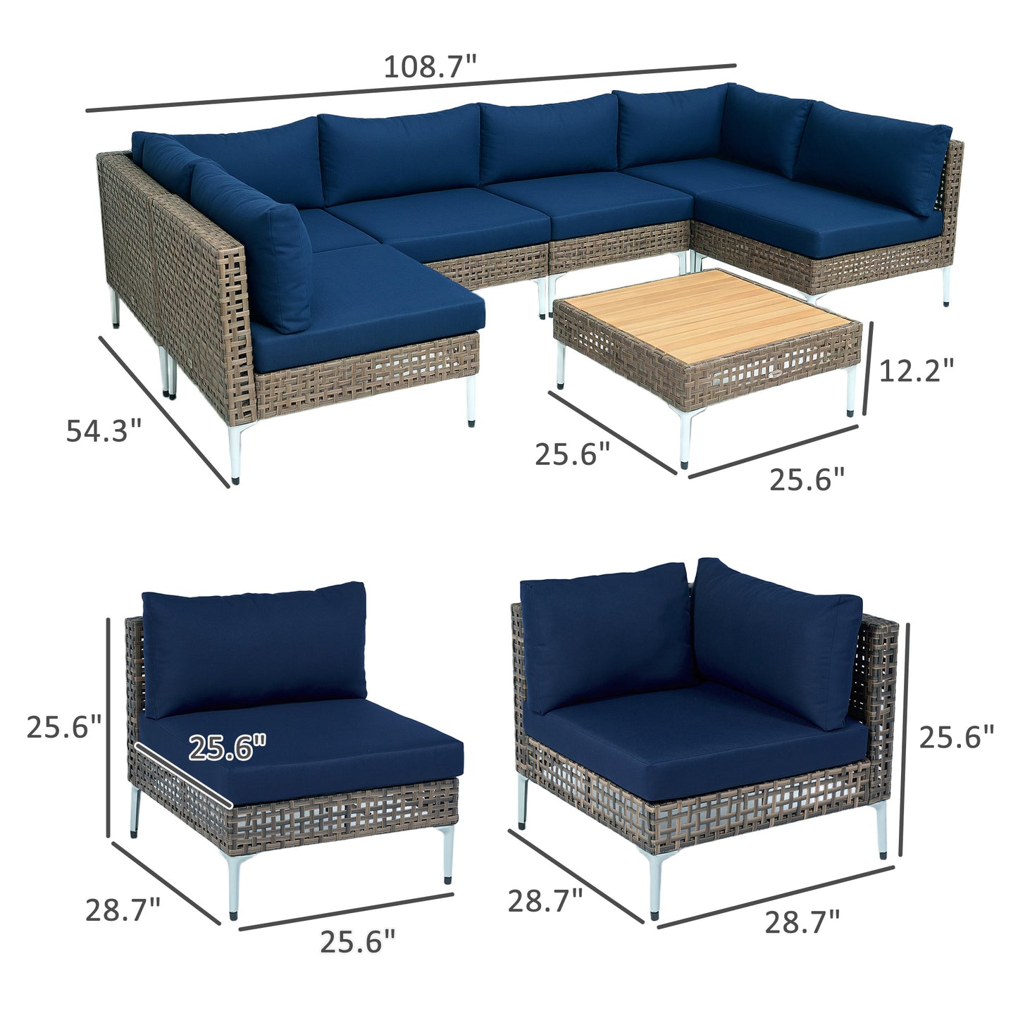 7-Piece Modular Wicker Patio Furniture Set with Cushions - Brown/Blue