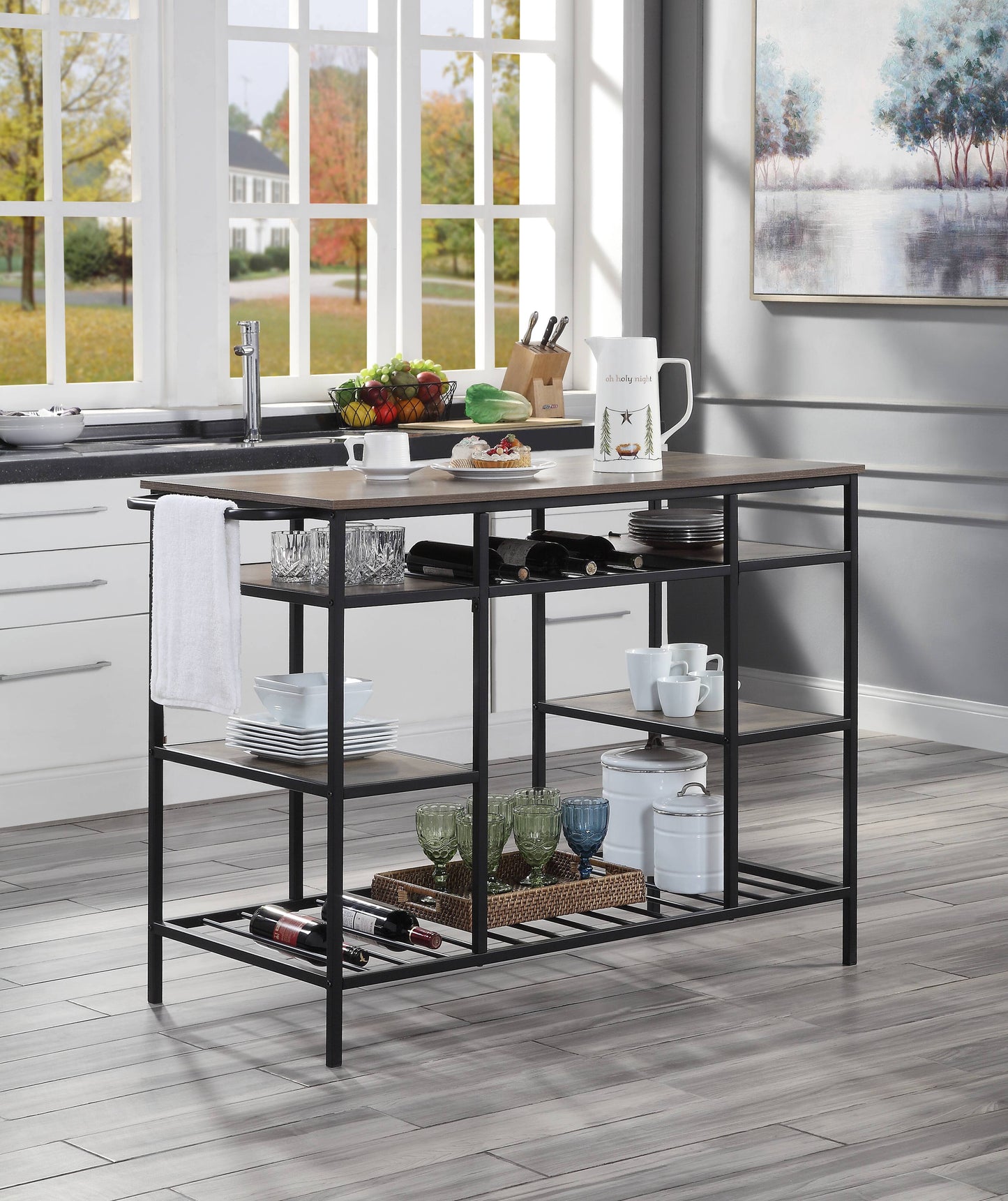 Rustic Oak & Black Kitchen Island with 6 Compartments