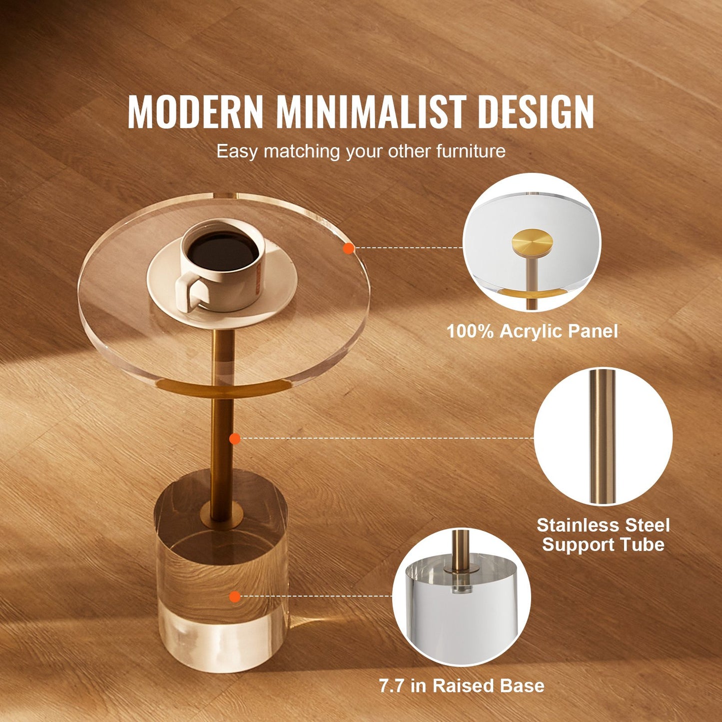 Clear Acrylic End Table - 21.4 Inch High Round Side Table