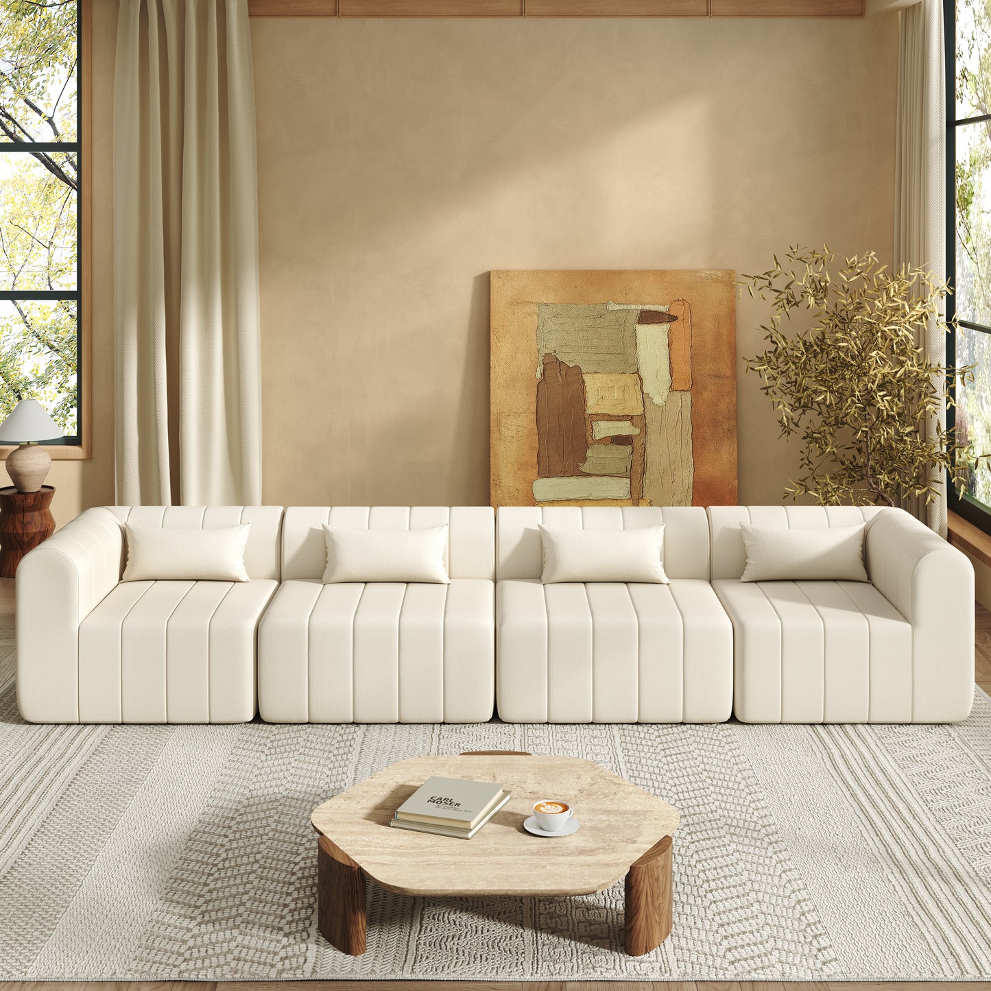 Modular Sectional Sofa - 145.5 Inch Beige Upholstered Couch