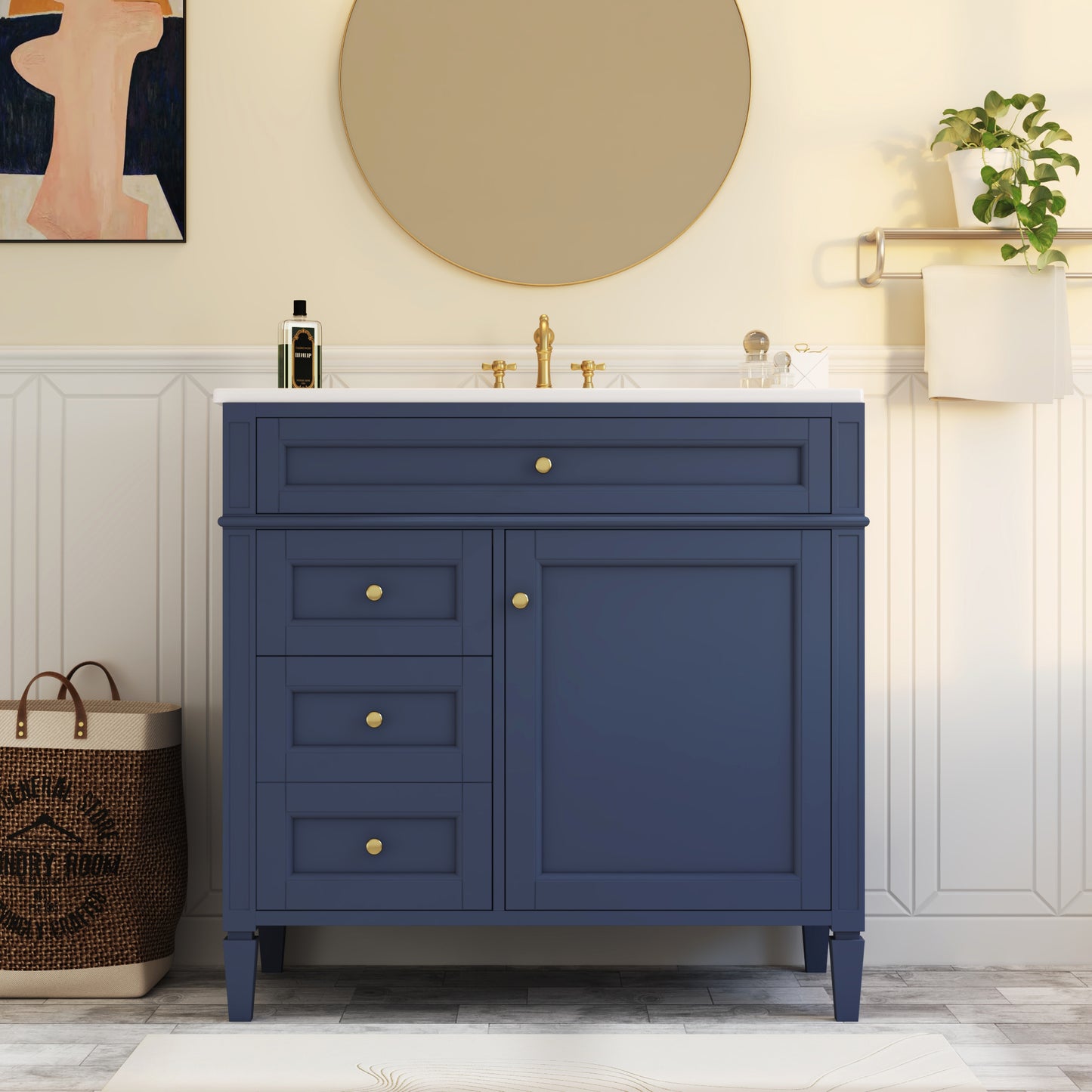 36'' Blue Bathroom Vanity with Ceramic Sink & 3 Drawers