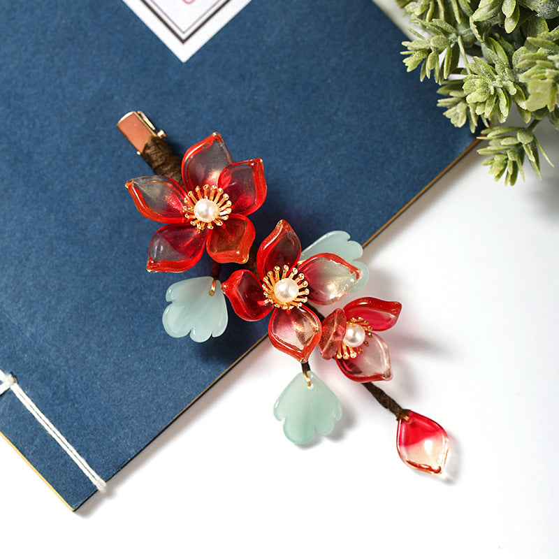 Red Crystal Flower Hairpin - Vintage Hanfu Accessory