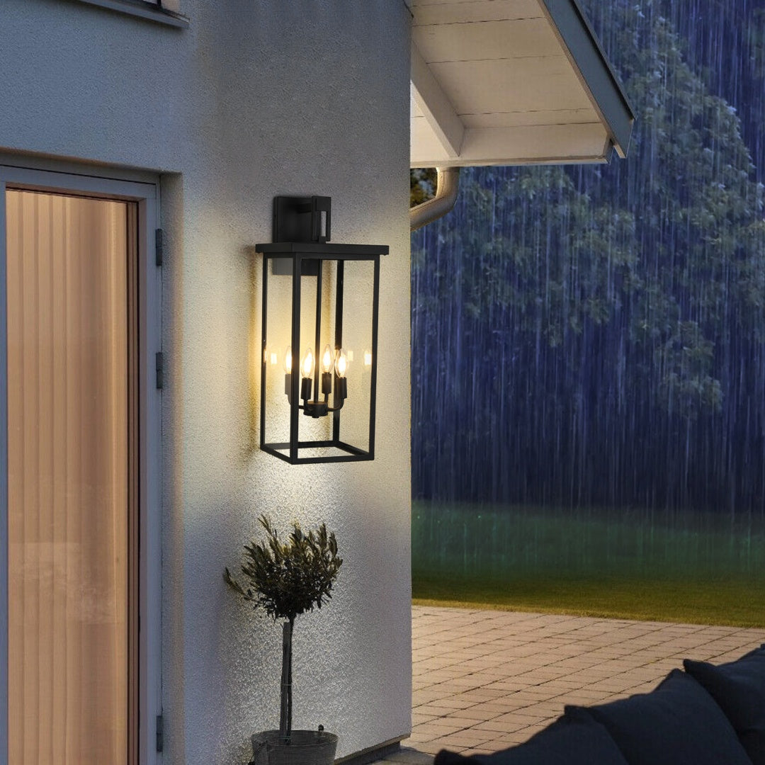 Modern Outdoor Wall Lantern - Black Metal Frame, Clear Glass