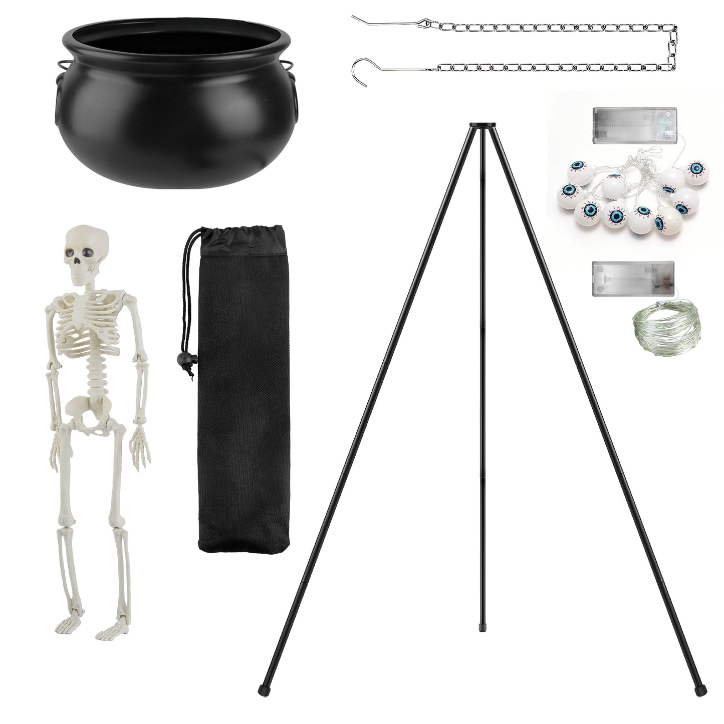 Halloween Witch Cauldron Decoration Set with Tripod & String Lights