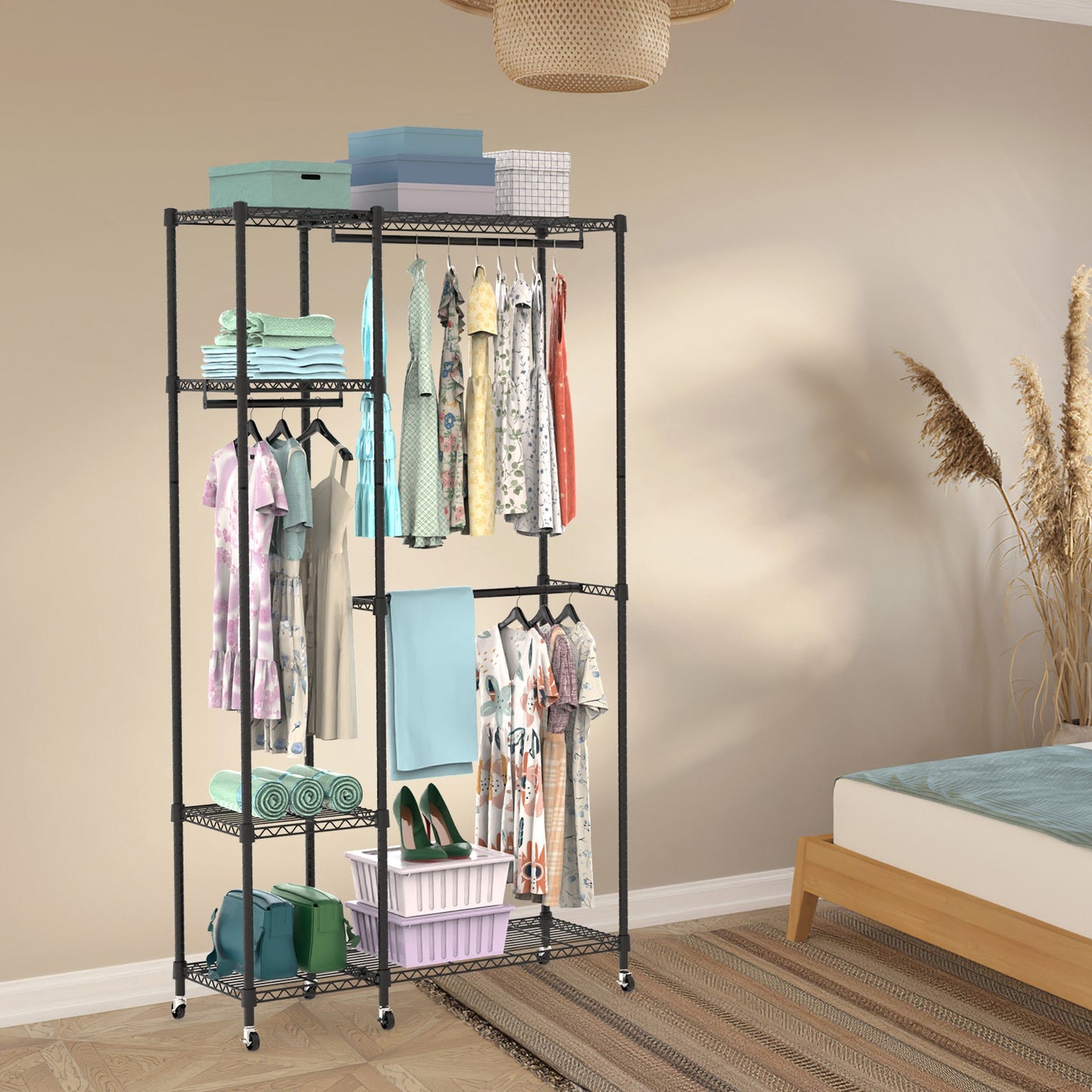 1Pc 4 Tier Heavy Duty Garment Rack With Wheels Carbon Steel Clothing