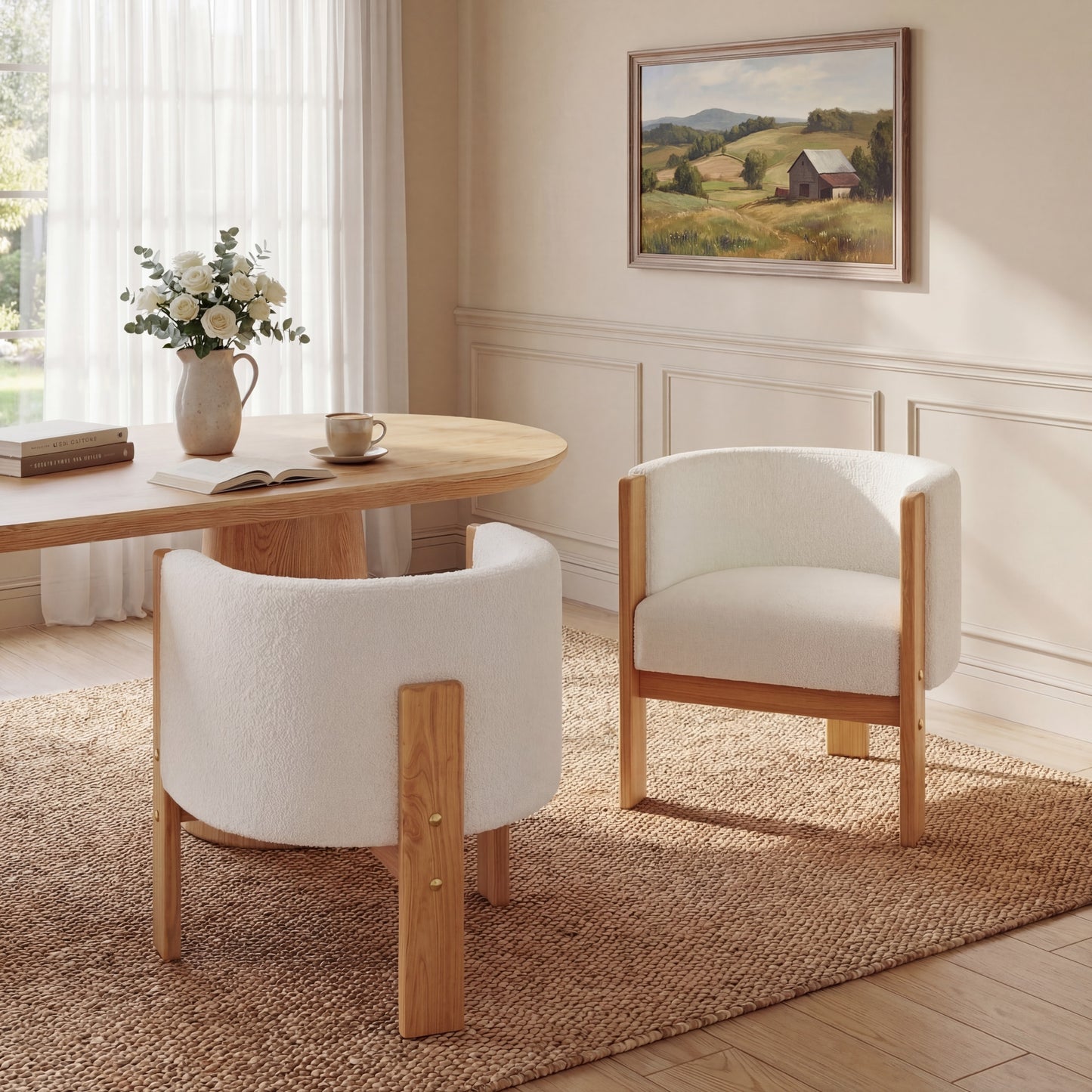 Upholstered Dining Chairs Set of 2 - Natural Rubber Wood & White Boucle