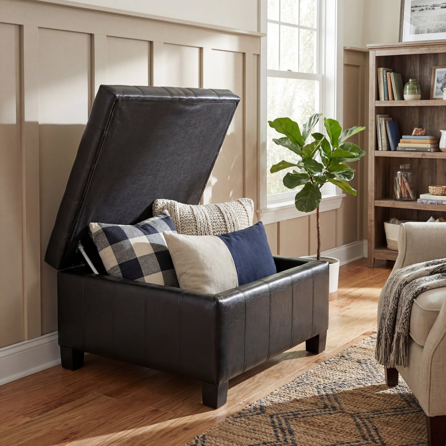 Black PU Storage Ottoman with Lift-Top - 30.25" Square