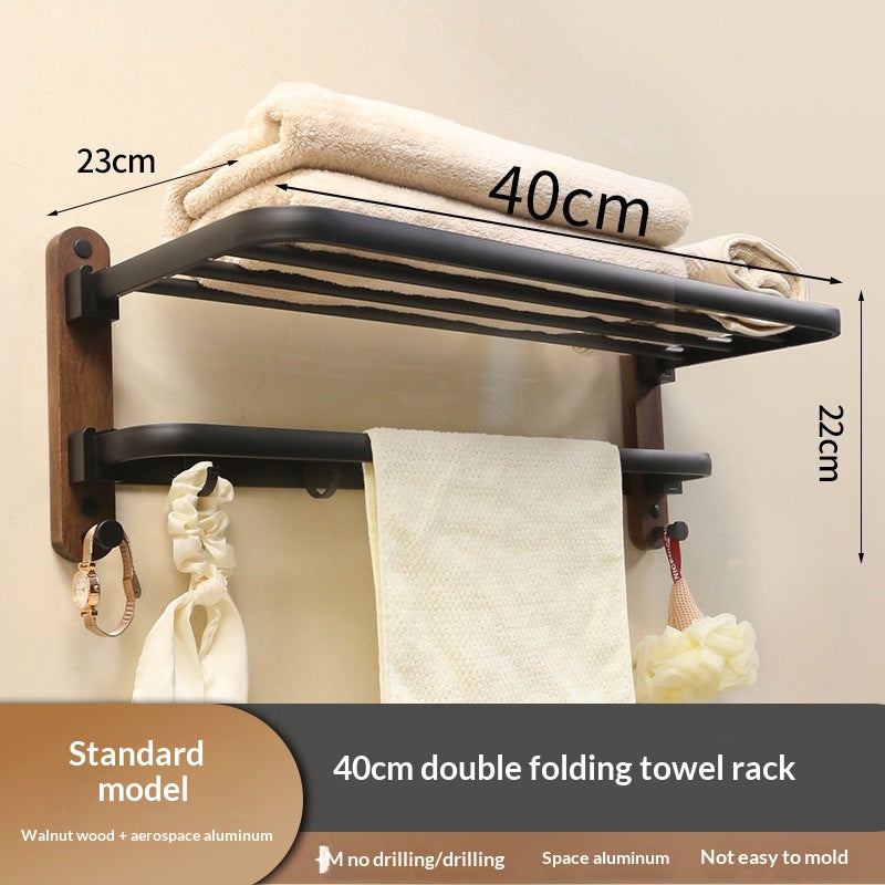 Double-Fold Walnut Towel Rack - Space Saving Bathroom Organizer