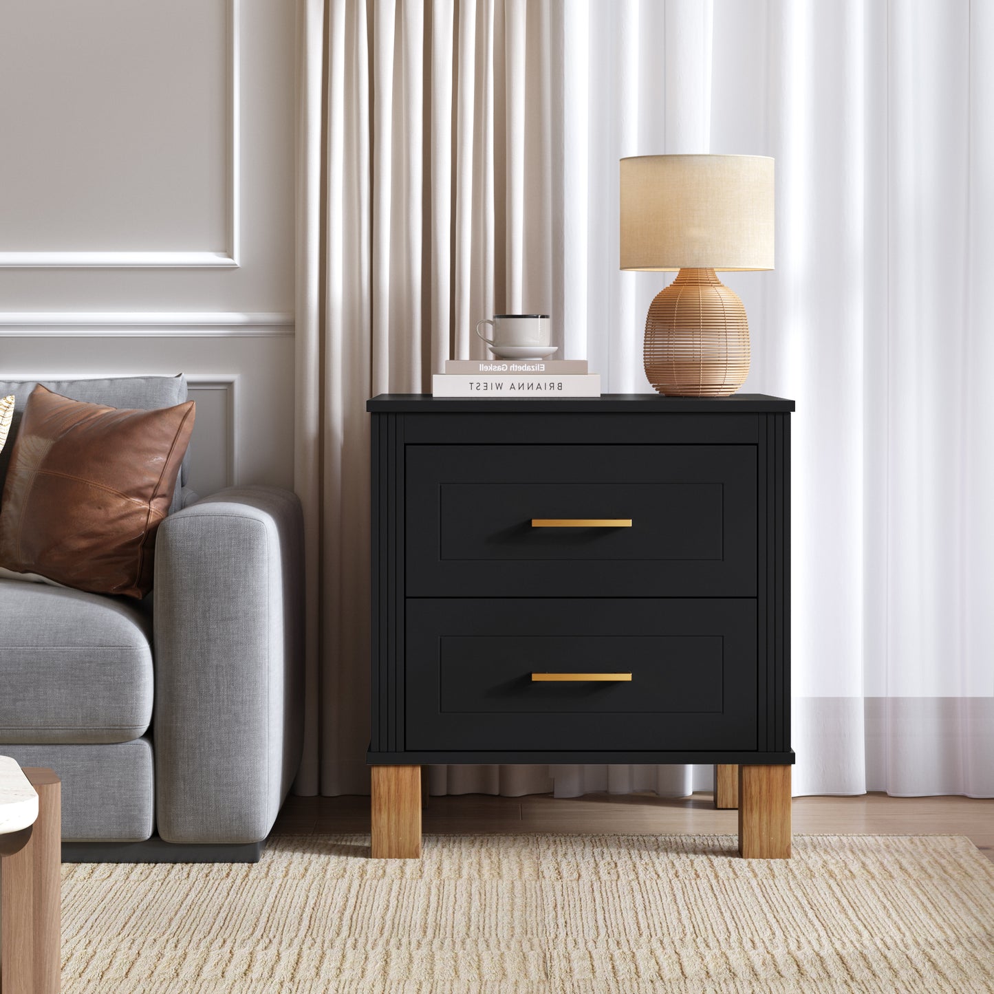 2 Drawer Nightstand with Elegant Fluted Design - Black