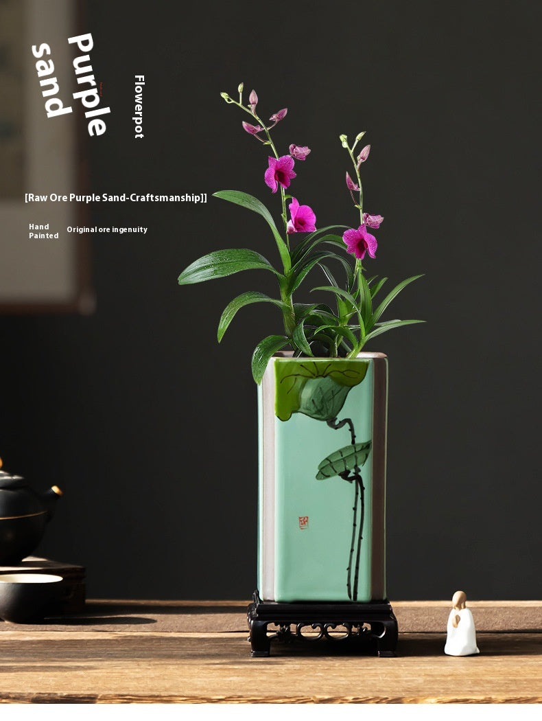 Indoor Decorative Ceramic Flower Pot with Support - Retro Square Design