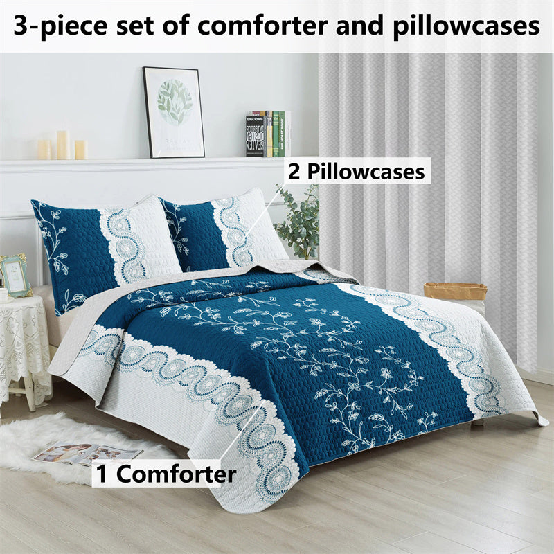 Teal Floral Quilt Set - 3-Piece Bedding with Pillow Shams