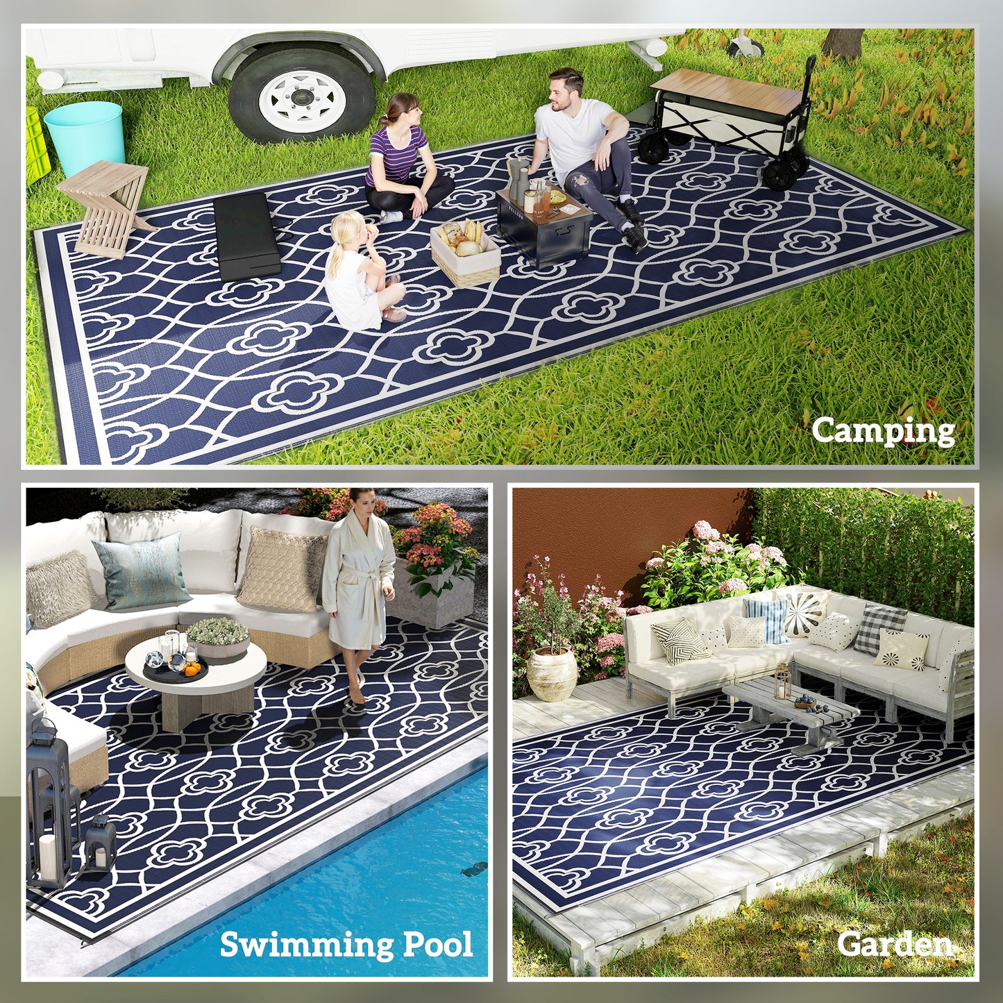Reversible Outdoor Rug - Waterproof Plastic Straw, 9x18 ft, Blue & White Lantern