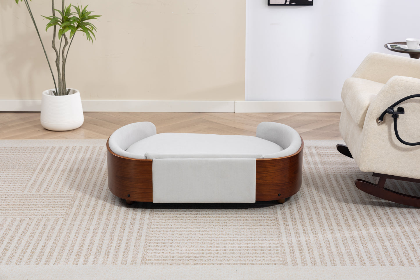 Large Elevated Dog Bed with Velvet Cushion and Solid Wood Legs - Scandinavian Style Pet Sofa