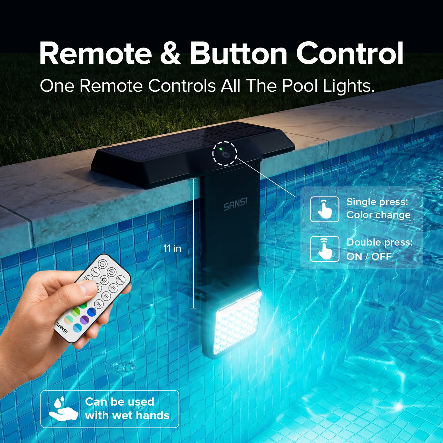 Solar Pool Light RGB with Remote, 20 Colors, 4 Modes, Waterproof IP68, Rechargeable, Easy Magnetic Mount