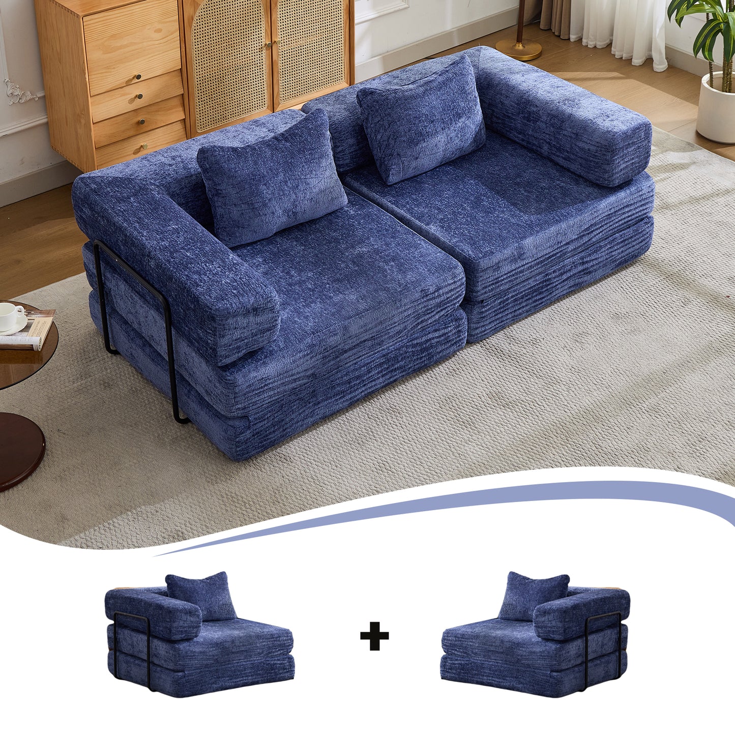 Convertible Floor Sofa Bed - Dark Blue Chenille, No Assembly