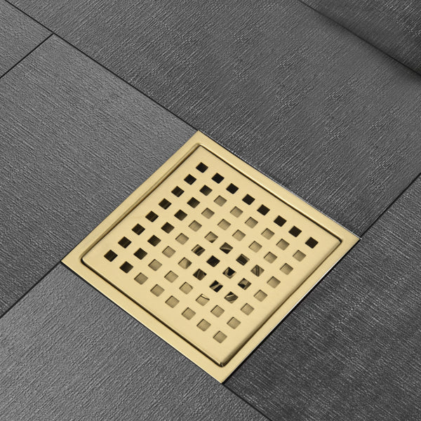 6 Inch Square Shower Drain with Removable Grate and Hair Strainer - Brushed Gold Stainless Steel