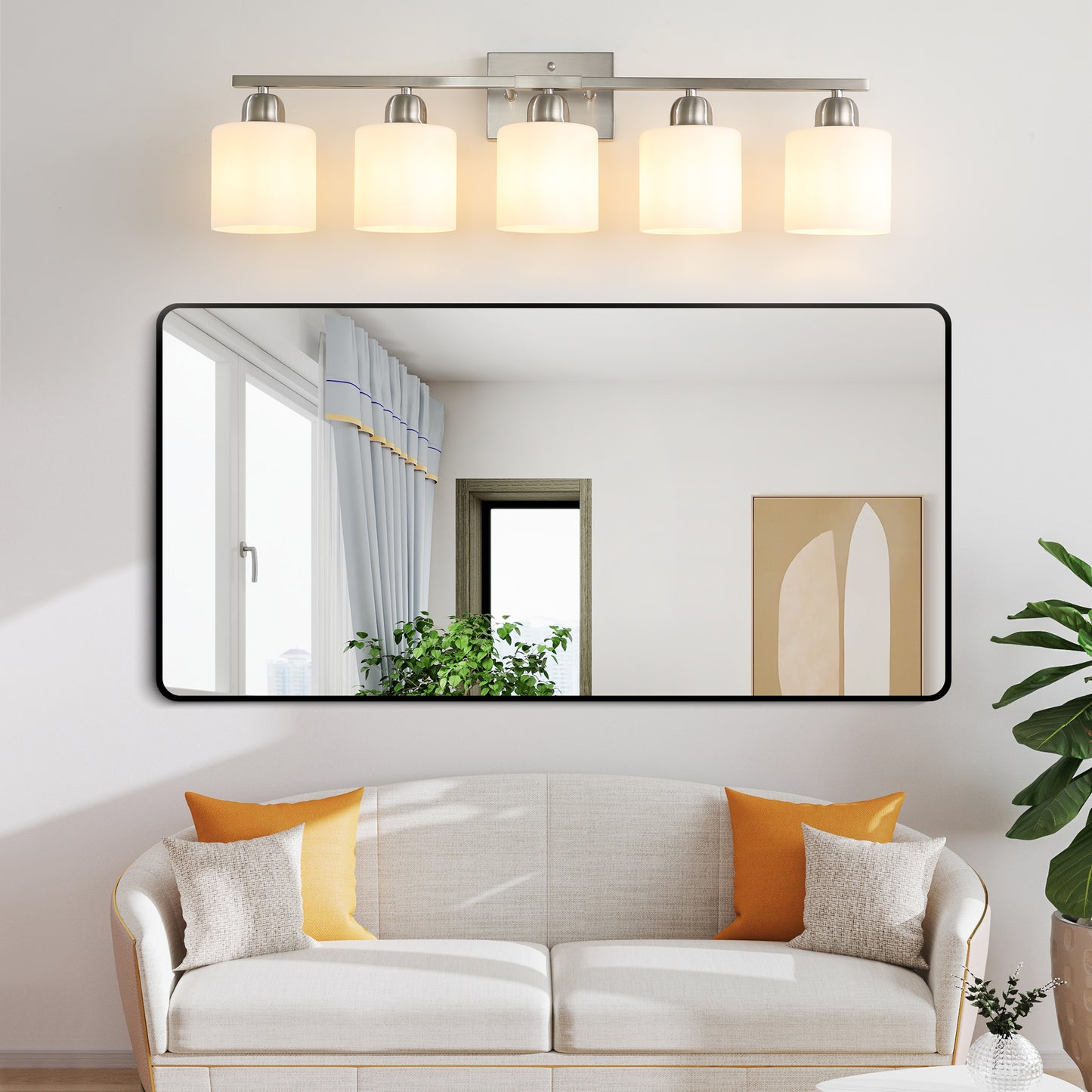 5-Light Brushed Nickel Bathroom Vanity Light Fixture - Modern Design with Milky White Glass Shades