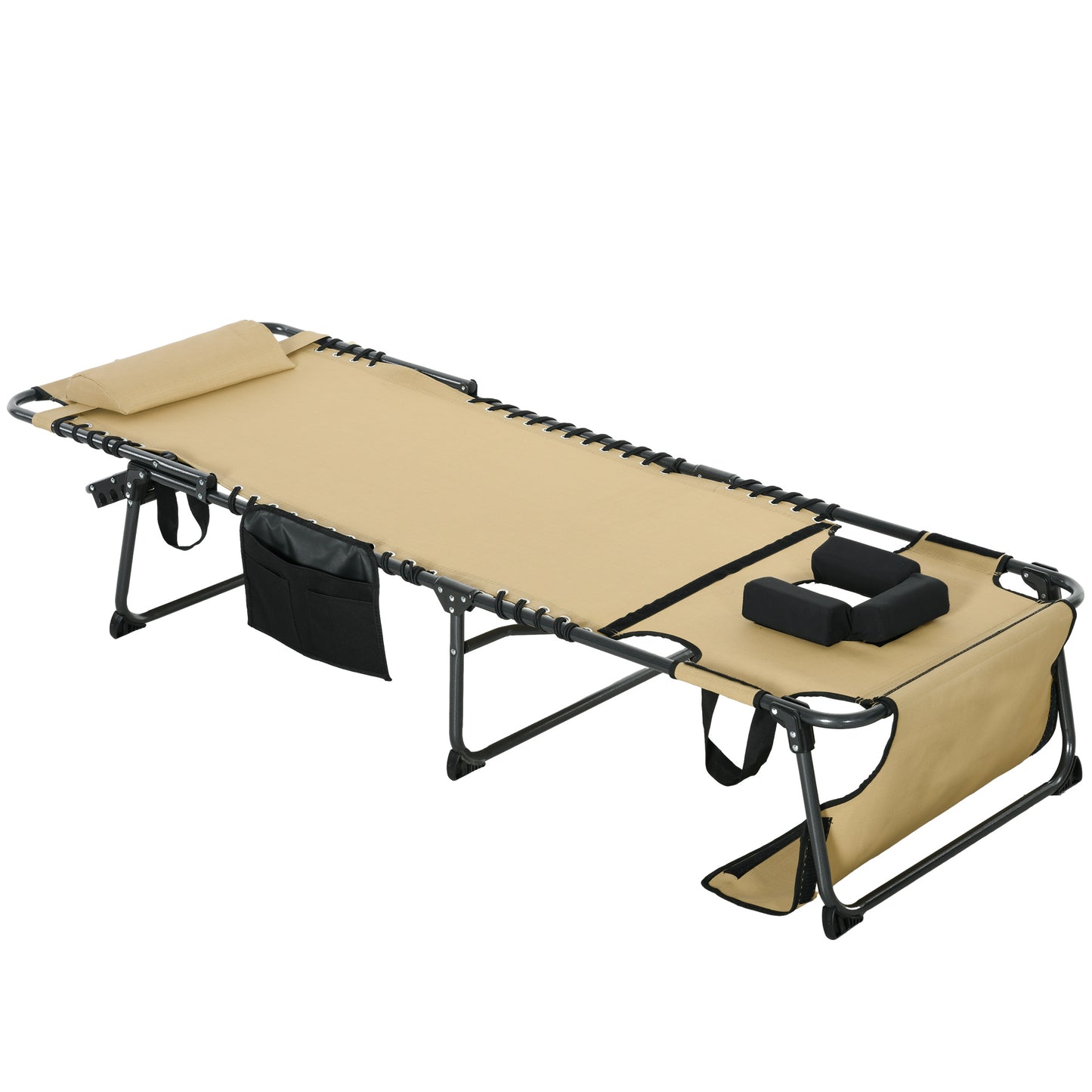Folding Lounge Chair with 5-Position Recline and Side Pocket - Beige