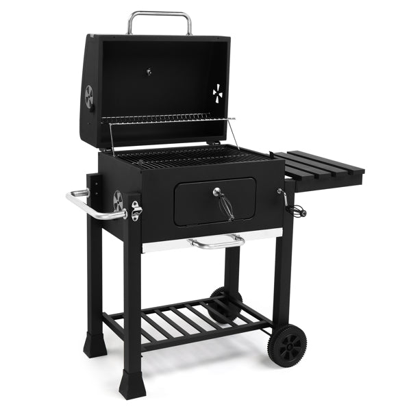 Heavy-Duty Charcoal Grill with Foldable Side Table and Wheels for Outdoor Cooking