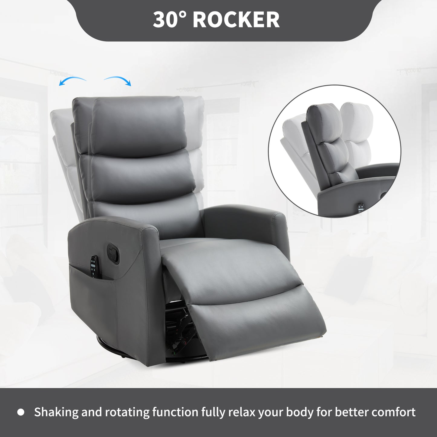 Heat Massage Recliner Chair with Rocker & Swivel - Grey