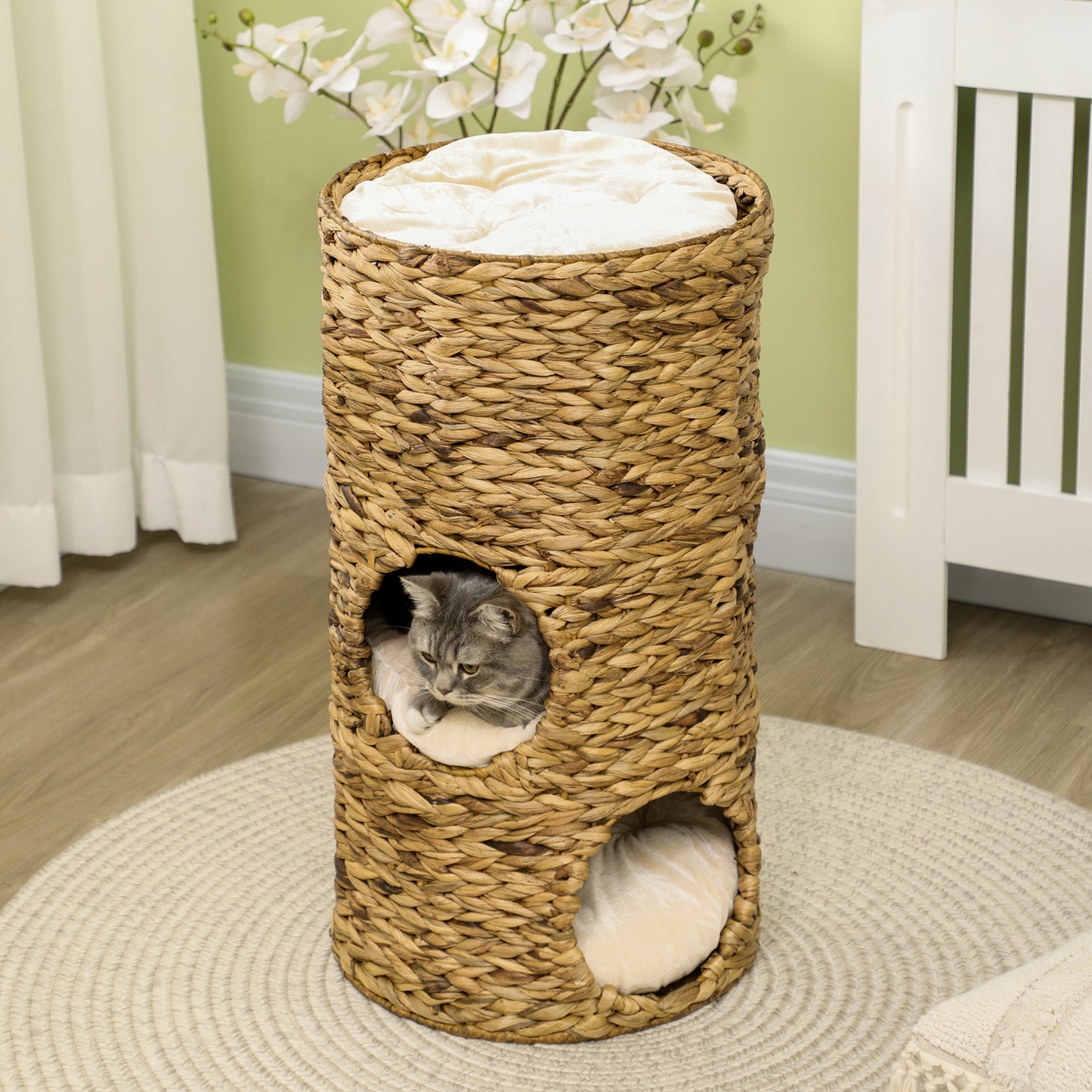 Elevated Cat Bed with Hideaways - 3-Story Indoor Kitty Tower, Water Hyacinth