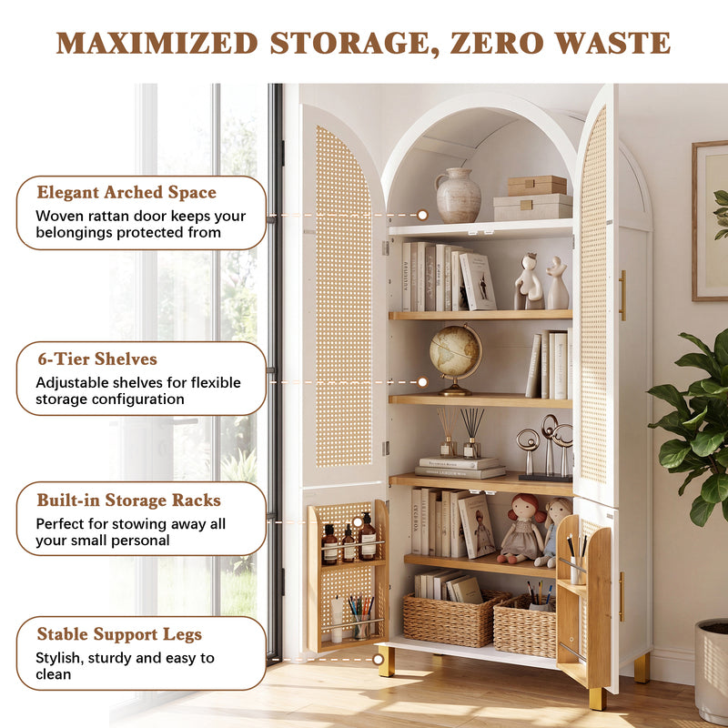 White Arched Rattan Cabinet with Adjustable Shelves - 4 Doors