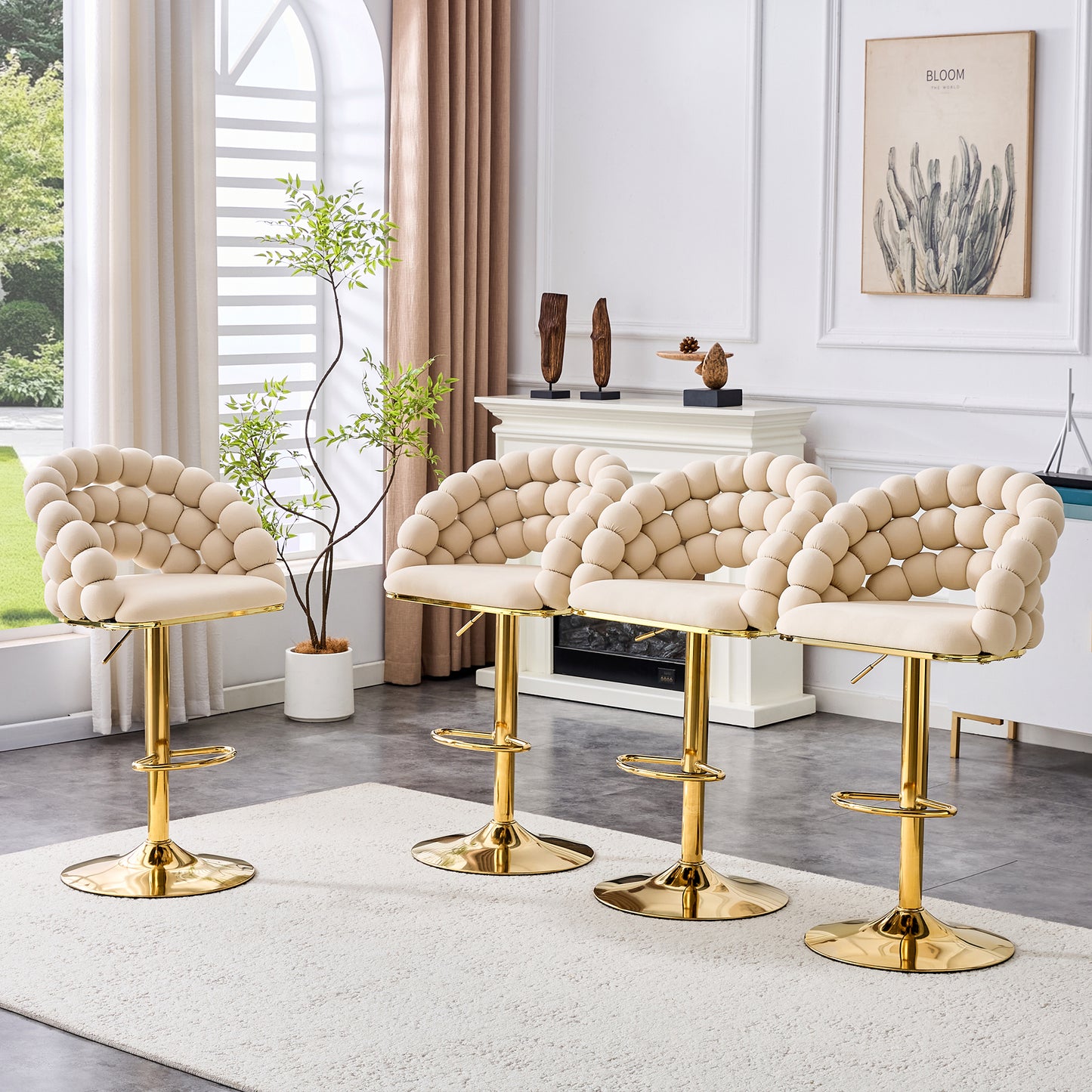 Set of 2 Beige Velvet Bubble Bar Stools with Gold Legs