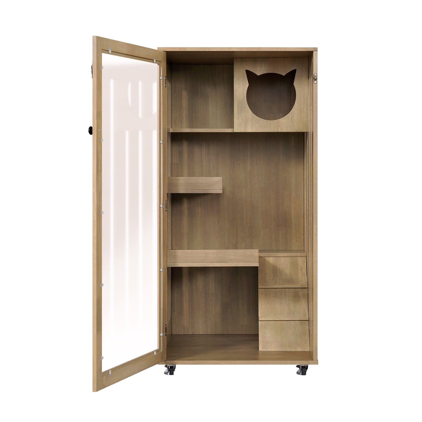 Rubber Wood Cat Enclosure with Multi-Level Shelves & Lockable Wheels - Natural Finish