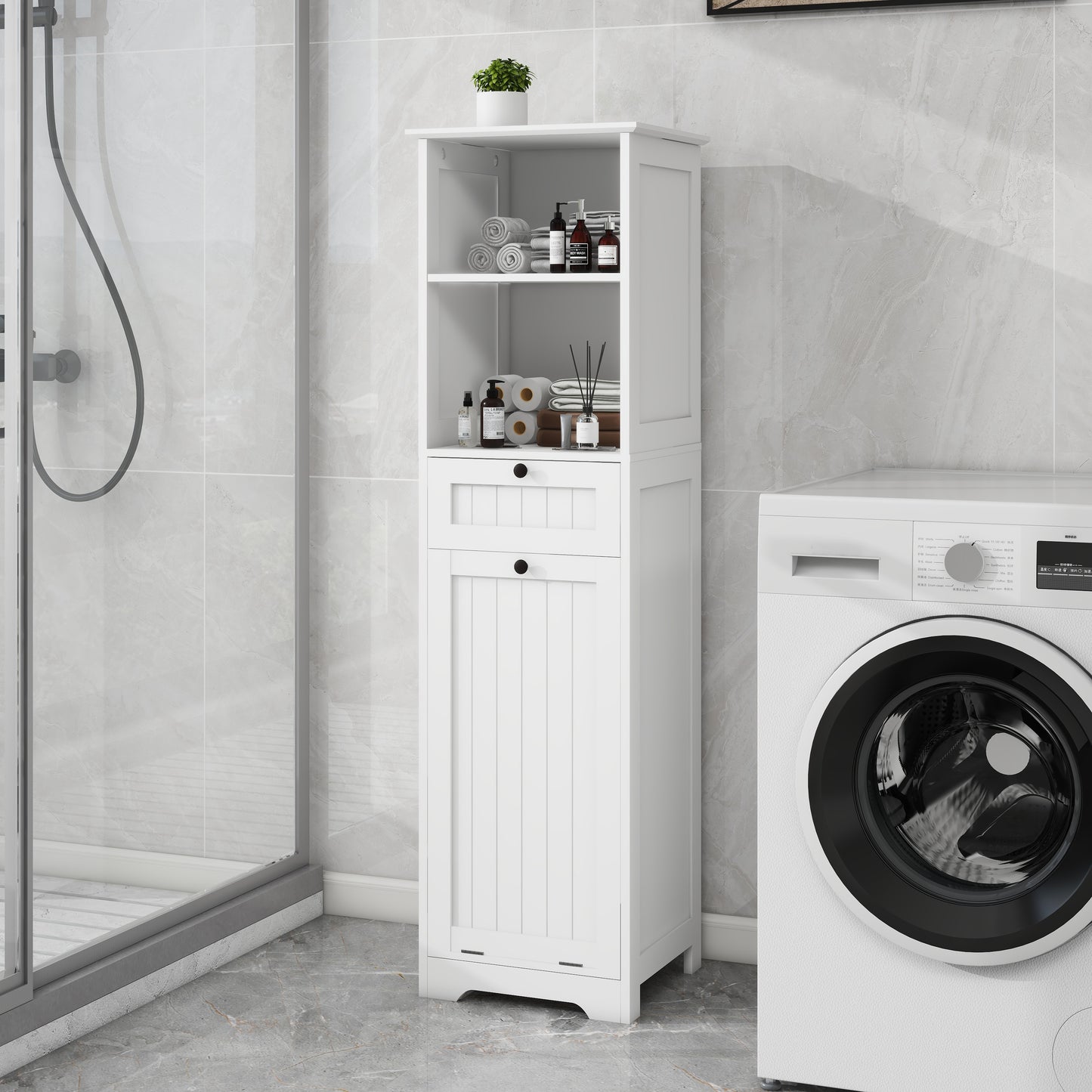Tilt-Out Laundry Sorter Cabinet with One Drawer - White
