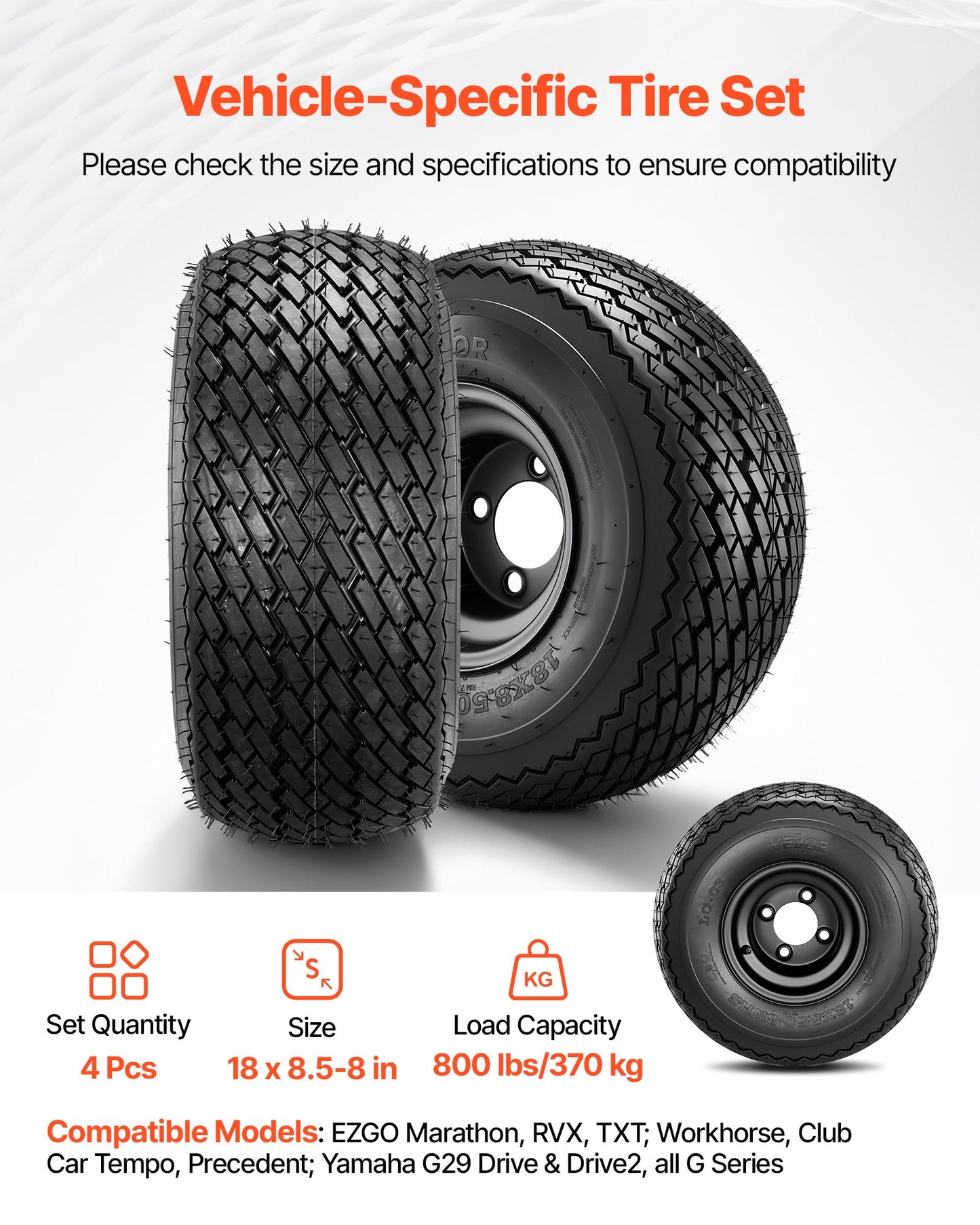 8-Inch Golf Cart Wheels and Tires Set of 4 – 18x8.50-8 All-Terrain Steel Rims