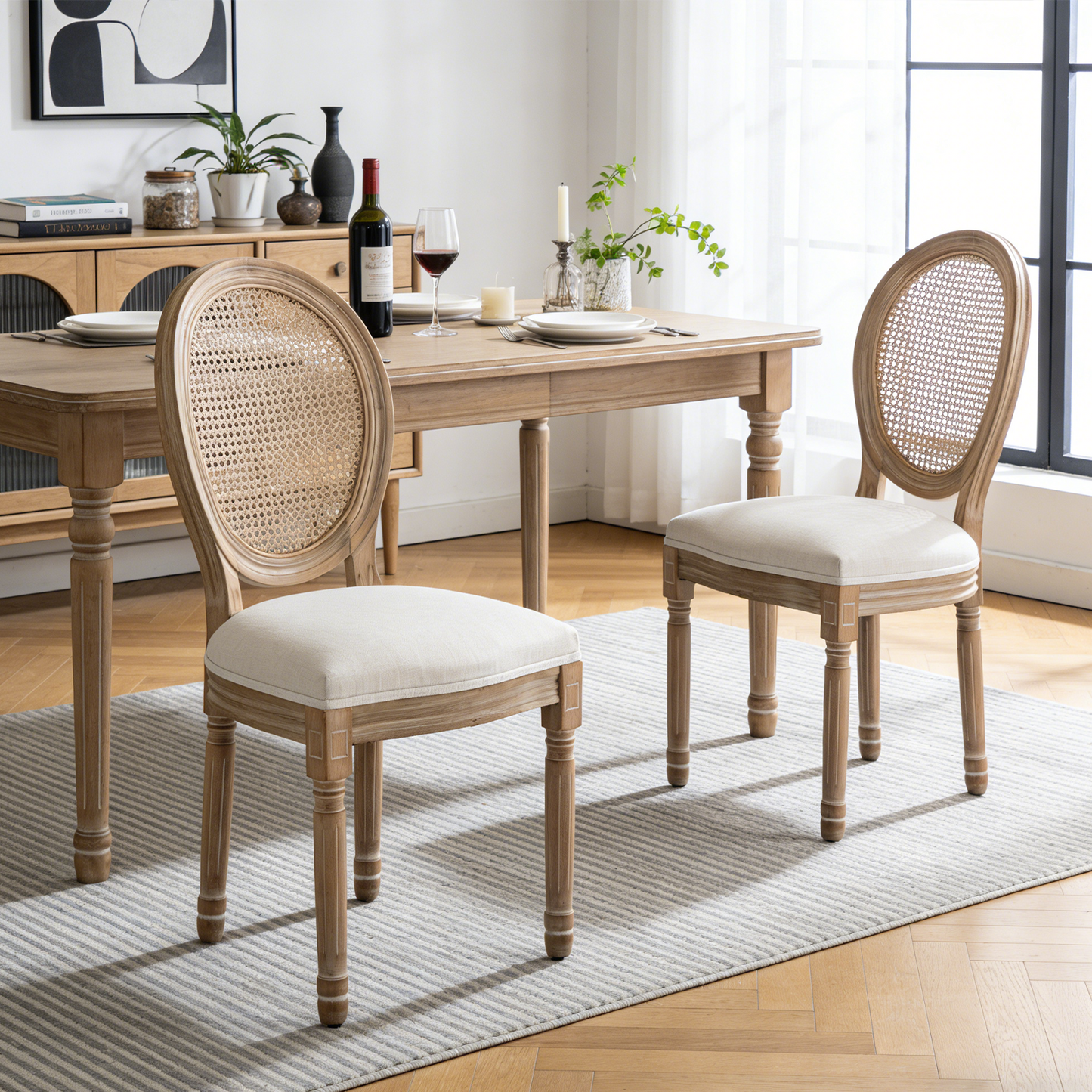 Farmhouse Dining Chairs with Cushioned Linen Seat - Set of 2, Beige