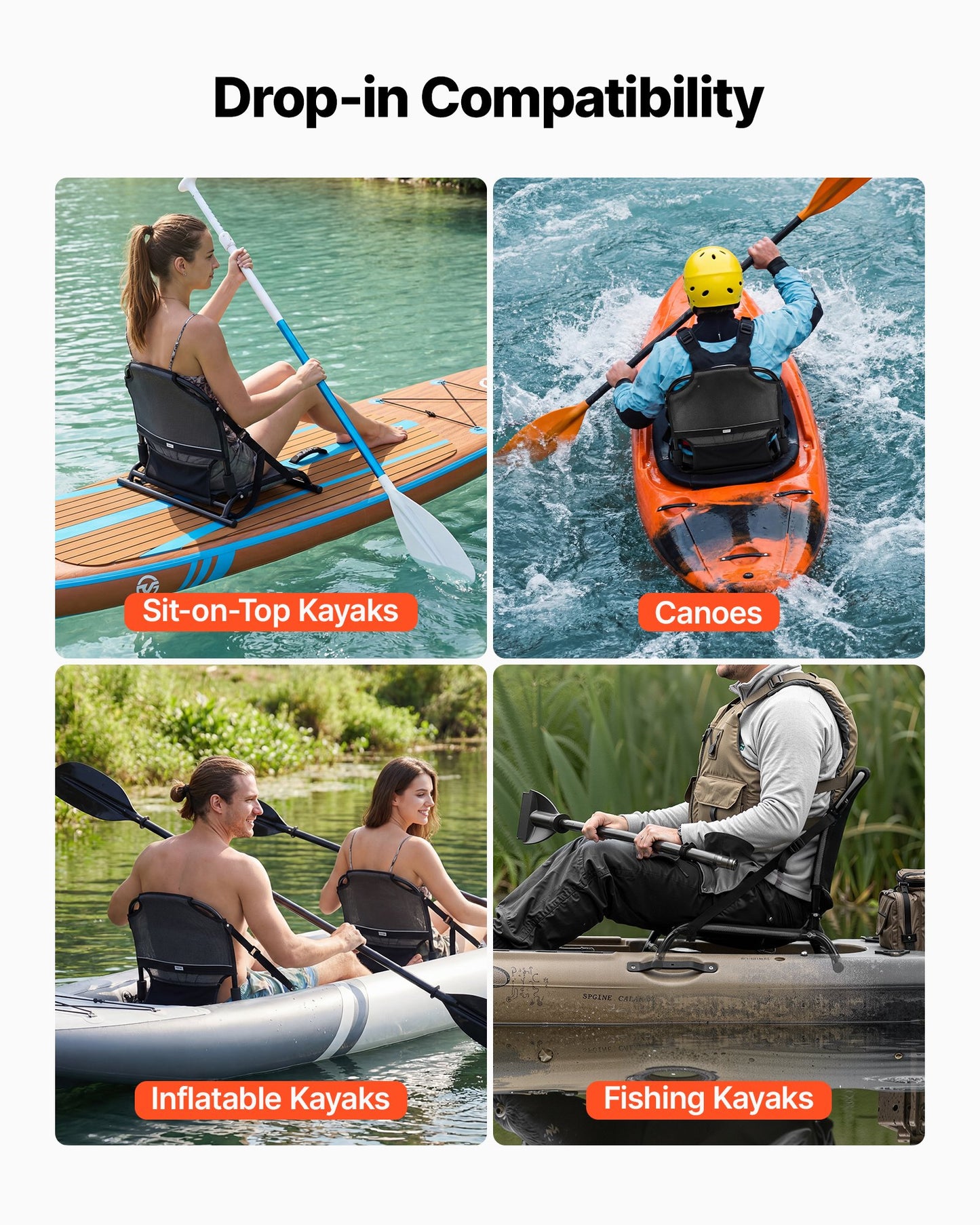 Universal Foldable Kayak Seat with Back Support and Adjustable Straps - Black