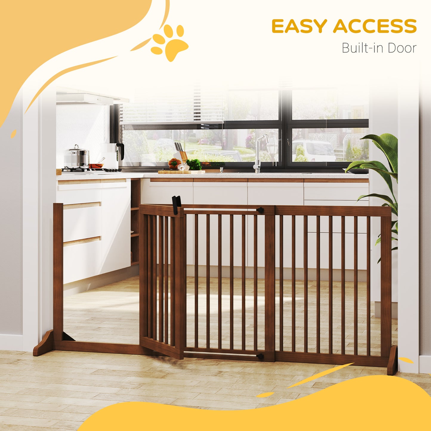 Adjustable Wooden Pet Gate with Lockable Door - 3 Panels, Brown