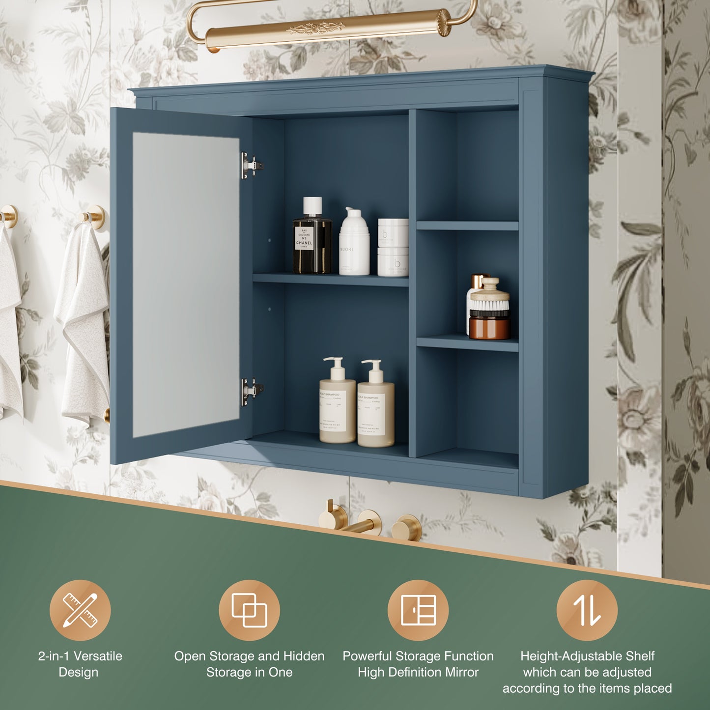 35'' x 28'' Wall Mounted Bathroom Storage Cabinet with Mirror - Indigo Blue