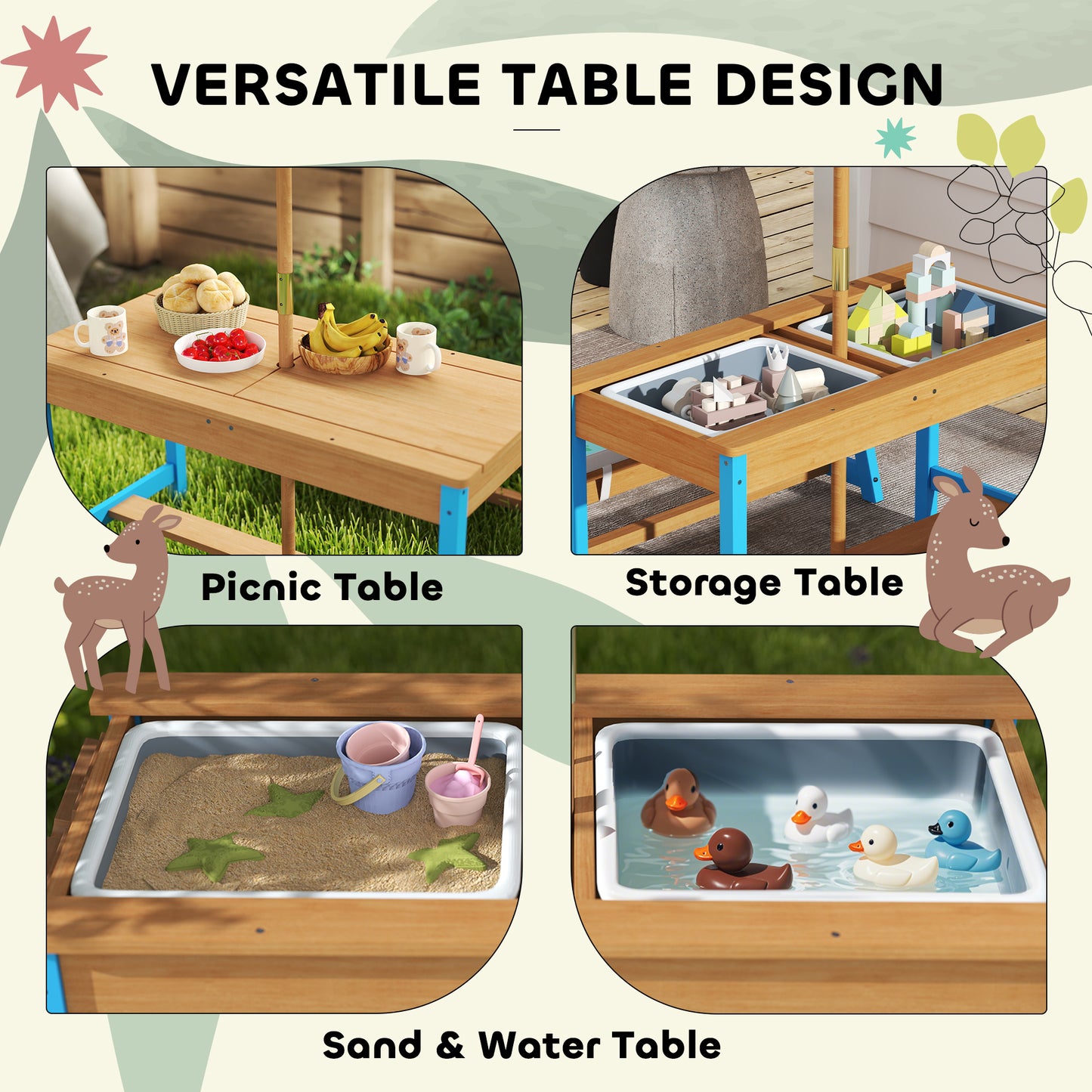 Kids Picnic Table Set with Umbrella & Cushions - Dinosaur Theme