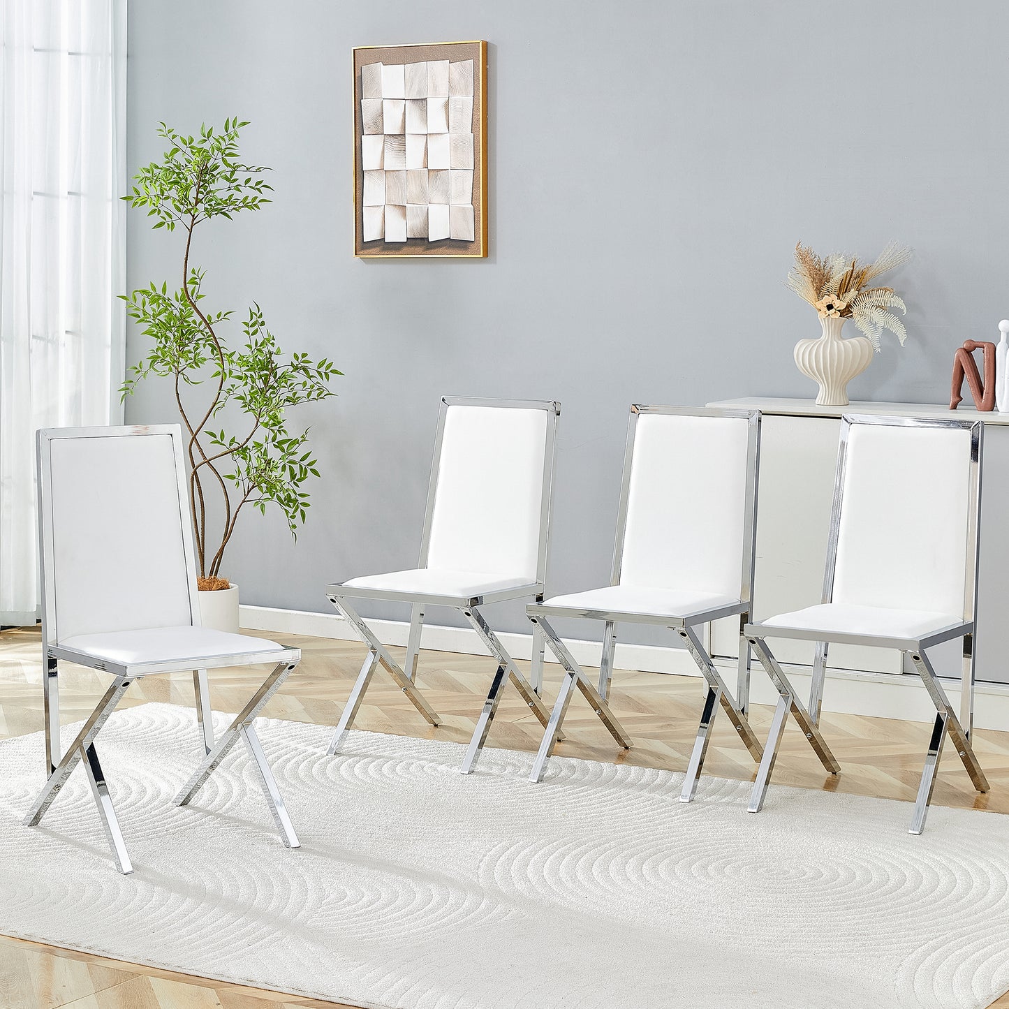 4-pack Silver Metal Framed White PU Dining Chairs Ergonomic Design, A