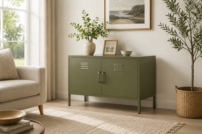 Green Metal Storage Cabinet with Legs & Adjustable Shelf
