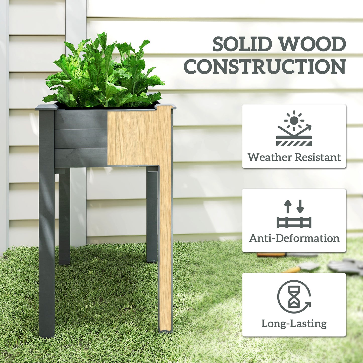 34-Inch Elevated Wooden Garden Bed with Drainage Holes - Dark Gray