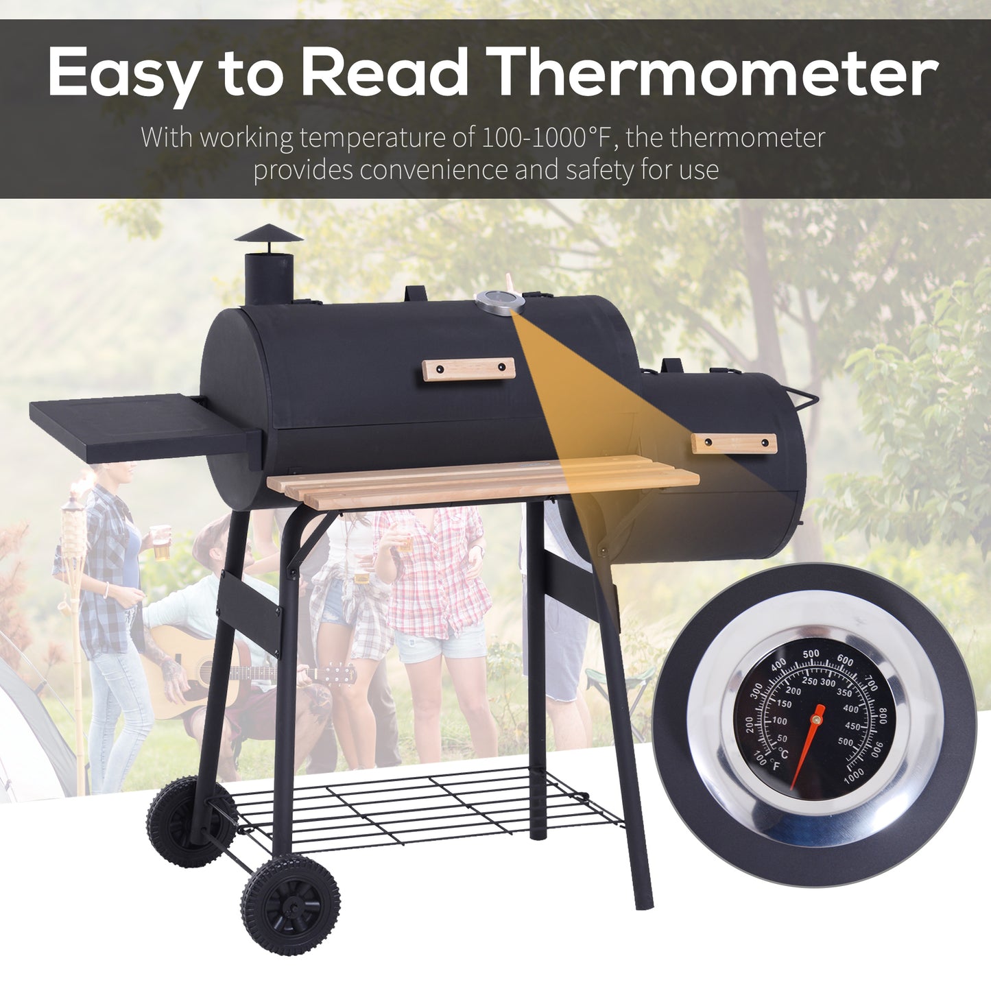Portable Charcoal BBQ Grill with Wheels & Thermometer - Black