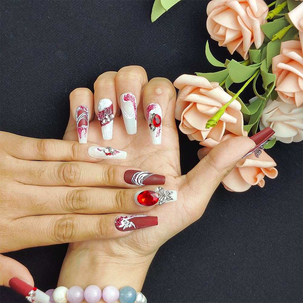 Shiny Crystal Long Press-On Nails - Suede Scarlet - Size M