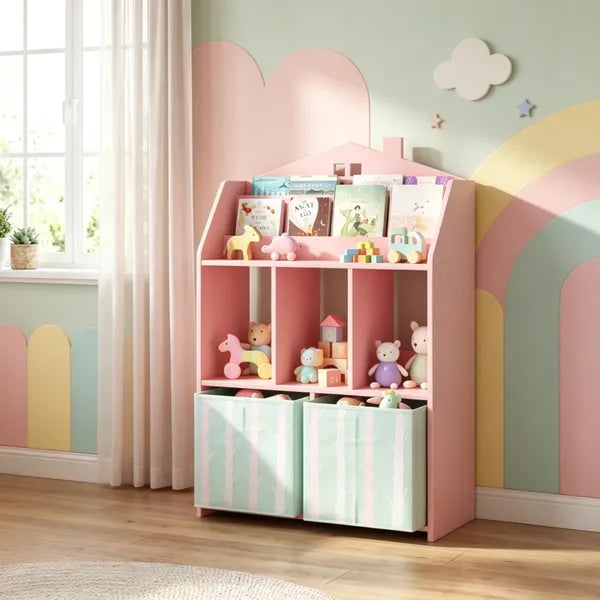 Kids Book Shelf with Drawers - House Shape, Pink