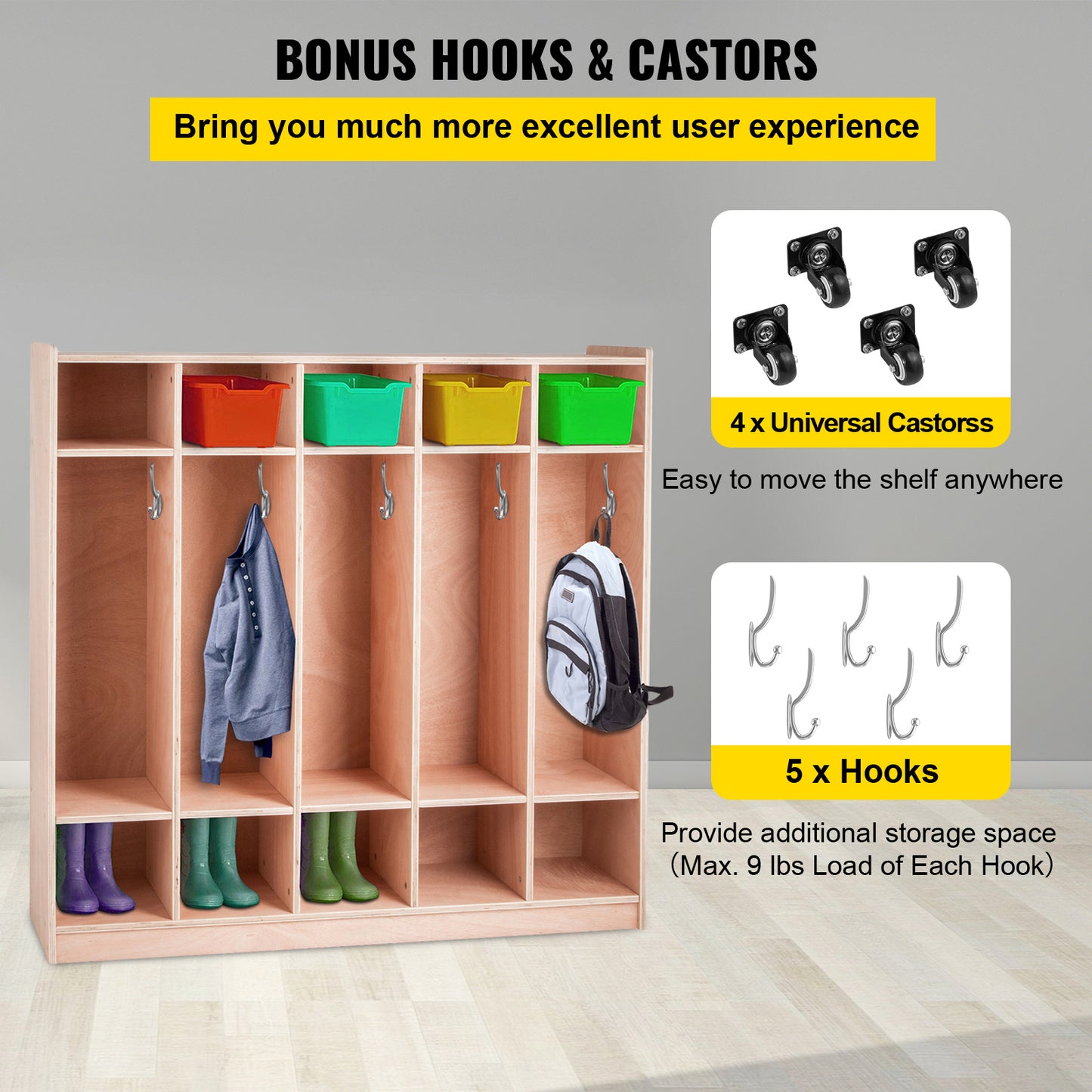 Coat Locker with 5 Hooks and Storage Boxes - 48x12x48 Inch Classroom Cubby for Kindergarten & School