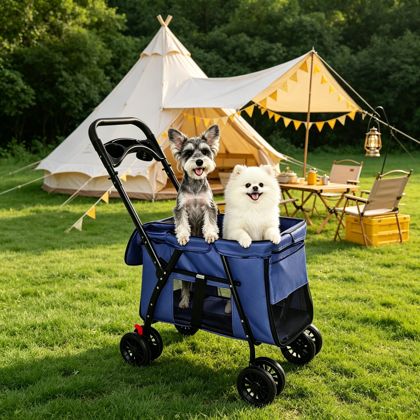 Foldable Pet Stroller with Breathable Mesh & Shockproof Wheels - Navy Blue