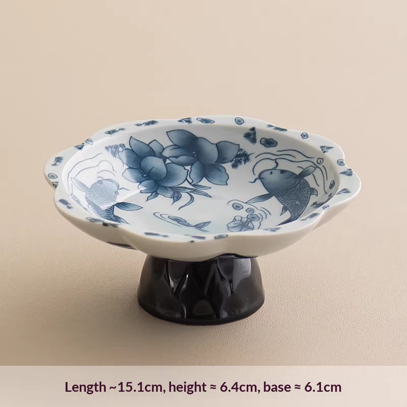 Blue and White Hand-Painted Ceramic Fruit Bowl - High Footed Decorative Centerpiece